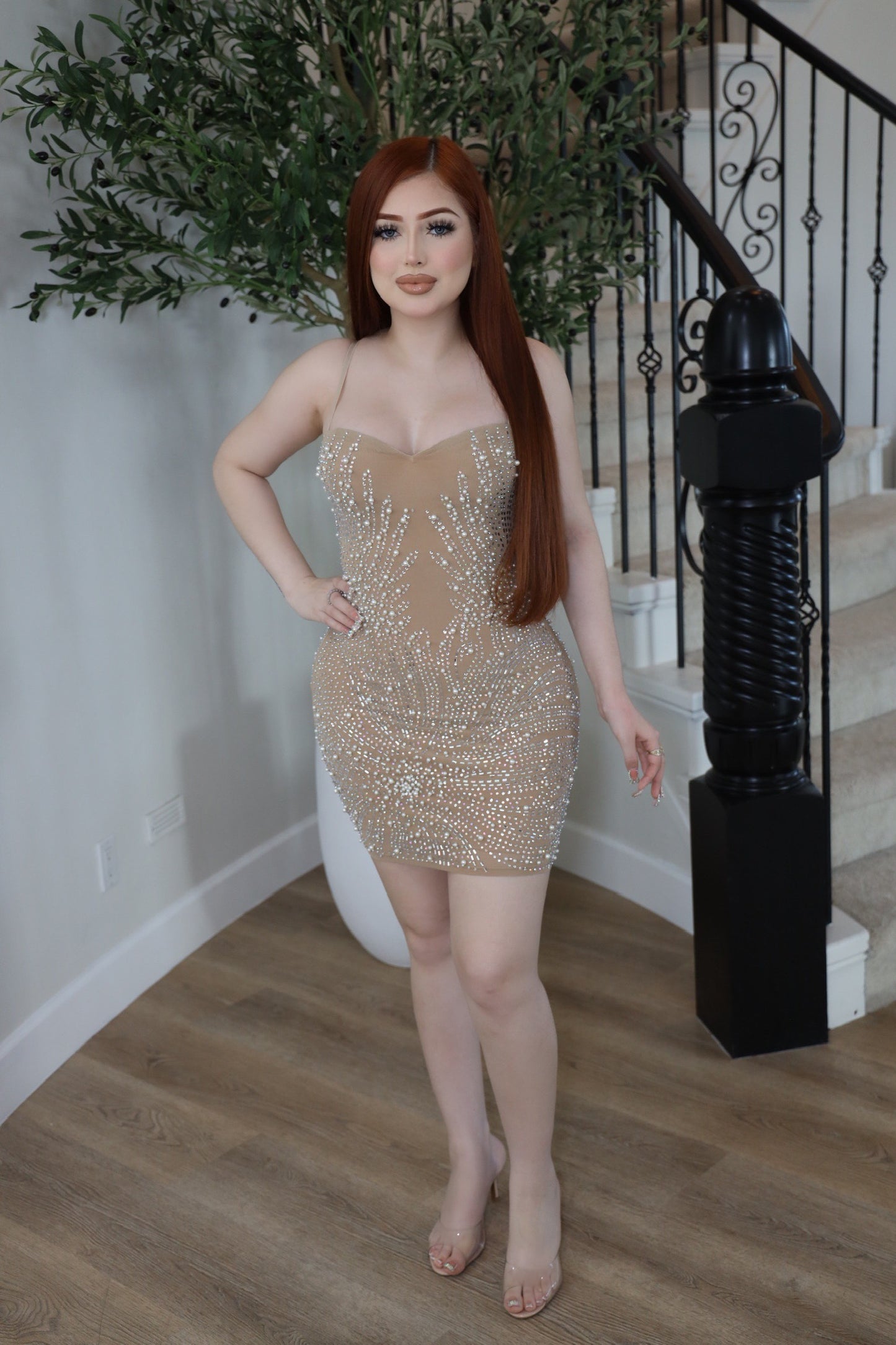 Natalia Rhinestone Dress- Nude