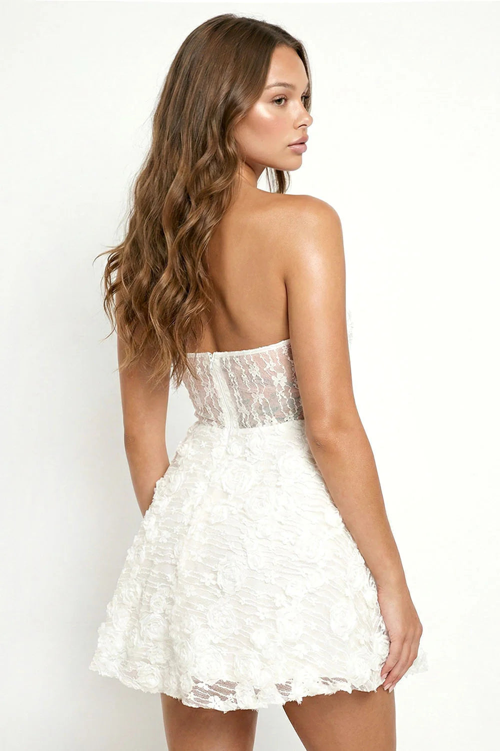 Flower Lace Flare Mini Dress-White