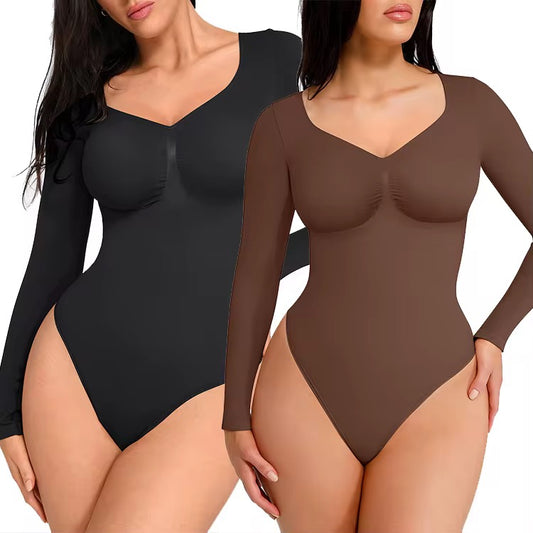 Long Sleeve Tummy Control Thong Shapewear- Brown and Black