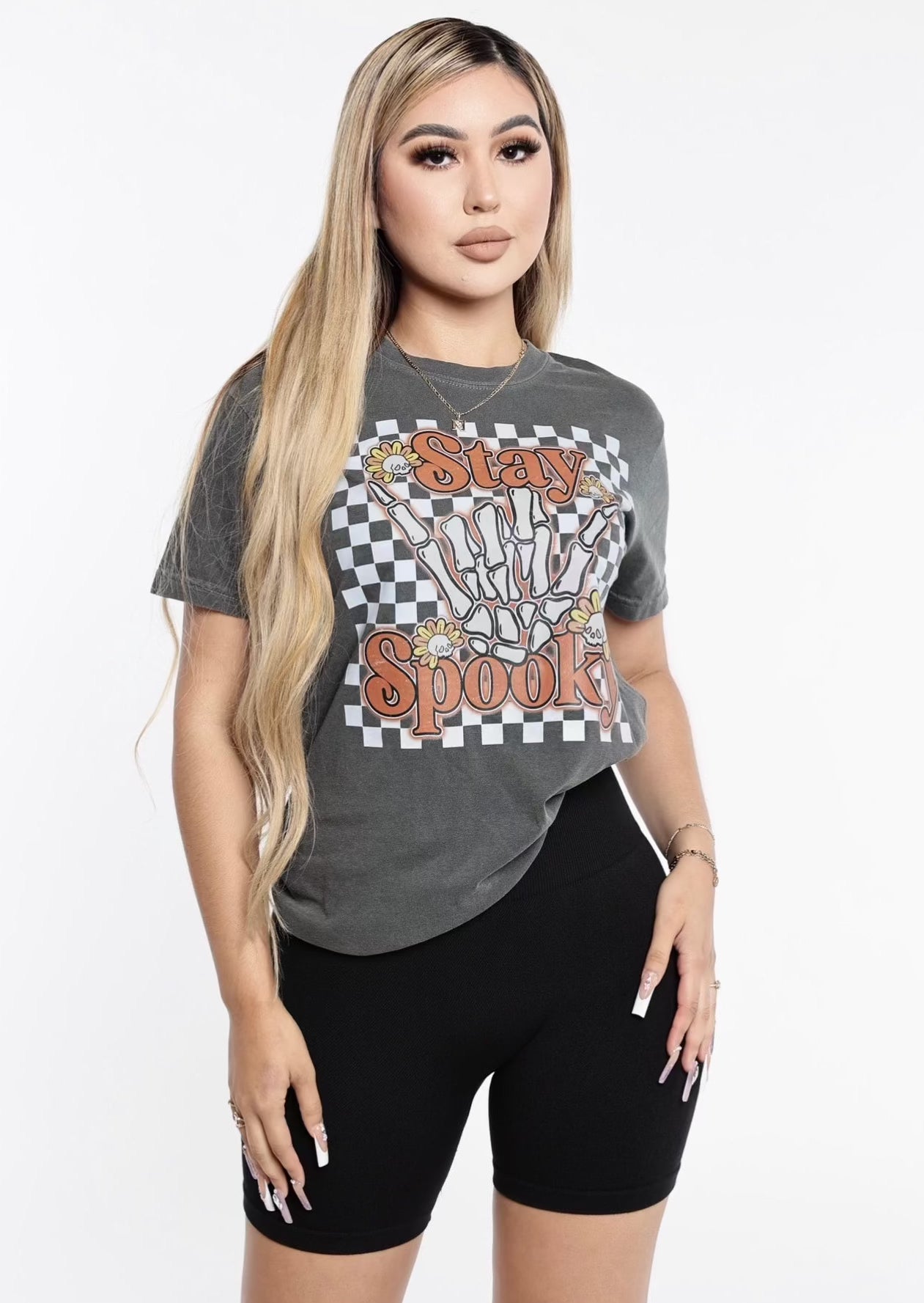 Stay Spooky Checkered Retro Oversized Shirt- Pepper