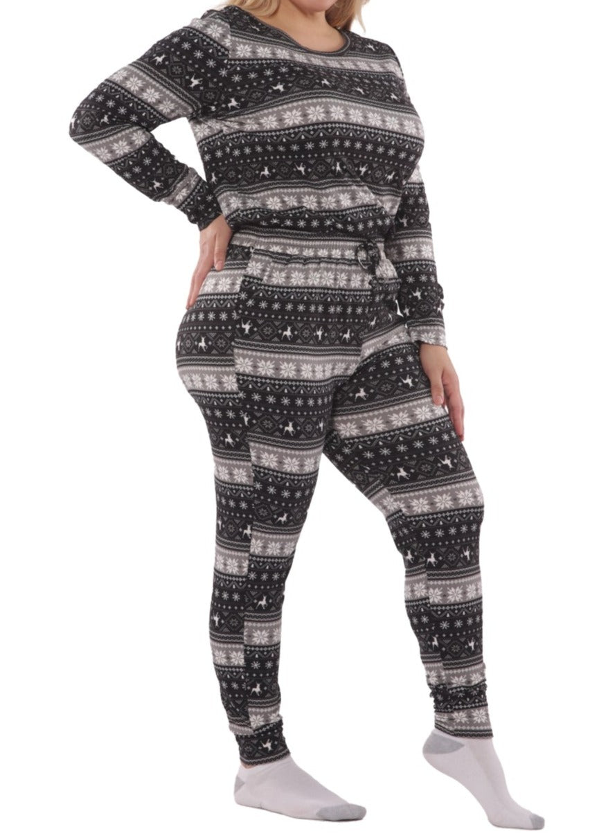 Jovie Plus Size Holiday Print Pajamas Set -Black/Grey Multi