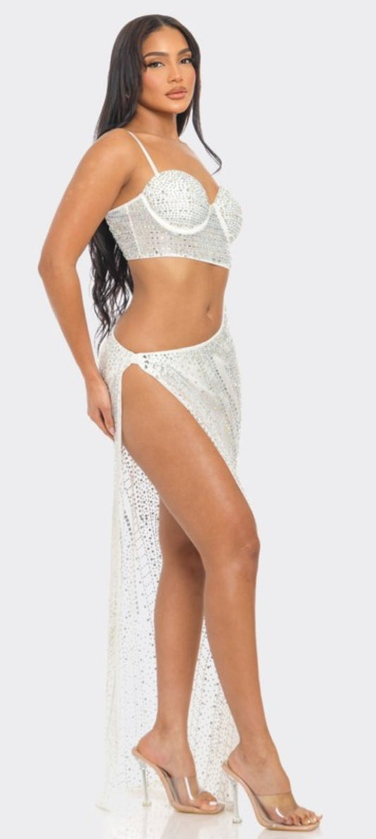 Serena Rhinestone Skirt Set- White