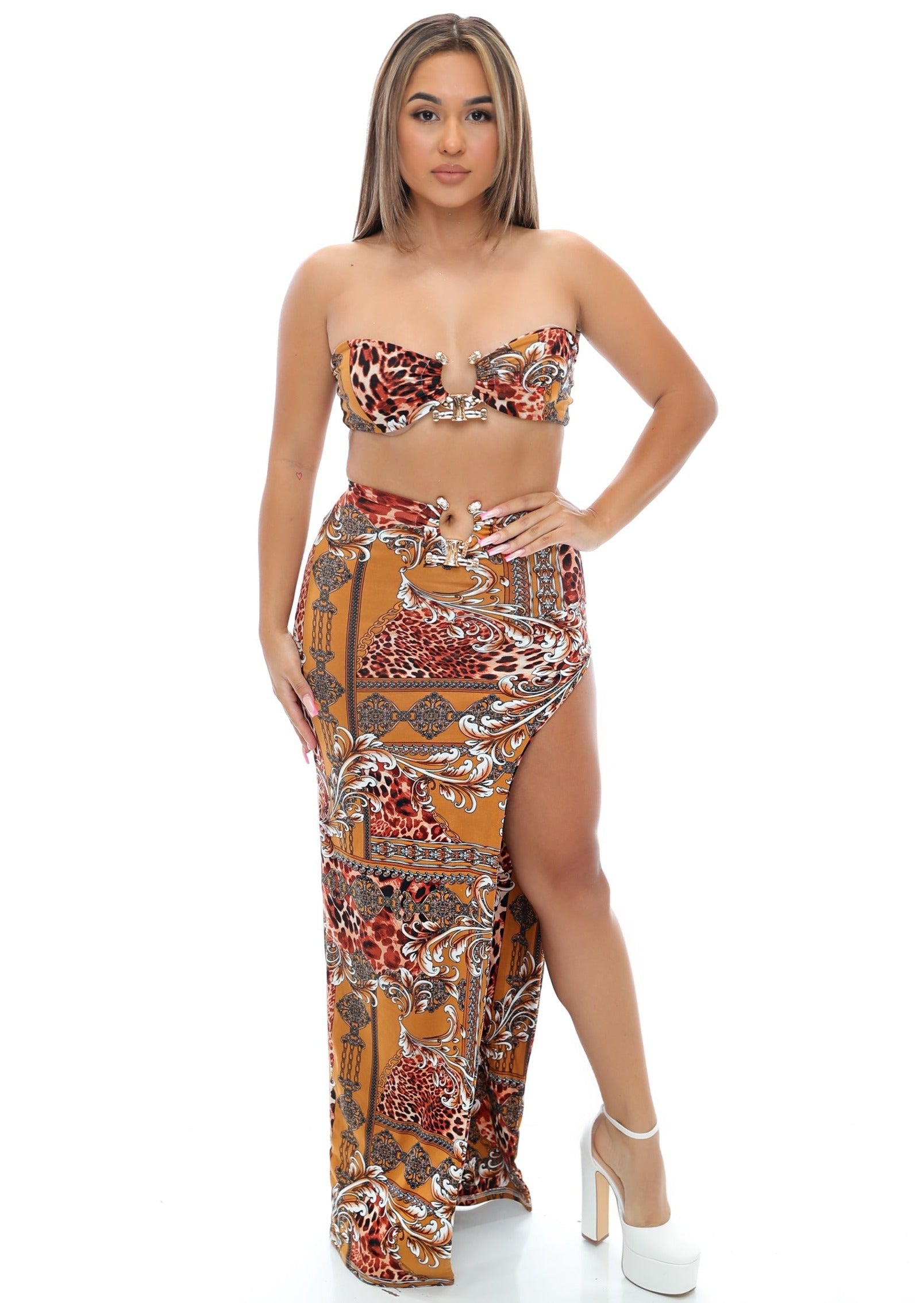 Yailin Mini Top & Long Skirt Set- Brown Print